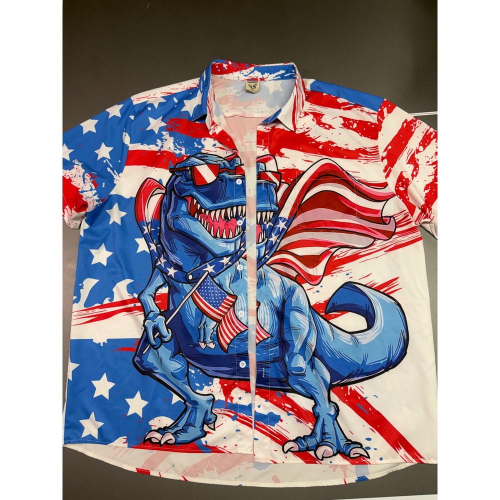 Hardaddy Mens XXL T-Rex American Flag Patriotic‎ Short Sleeve Button Down Shirt